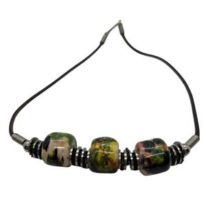 Unique Murano Glass Bead Necklace with Metallic Accents and Leather Cord